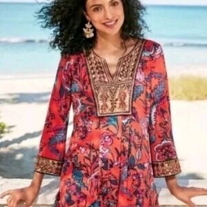 Floral Embroidered Tunic Top Bohemian Festival Blouse Flowy Women's